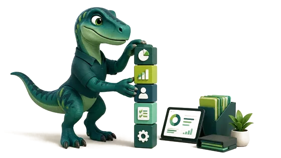 Mascote da Prumio, um velociraptor organizando blocos de gestão